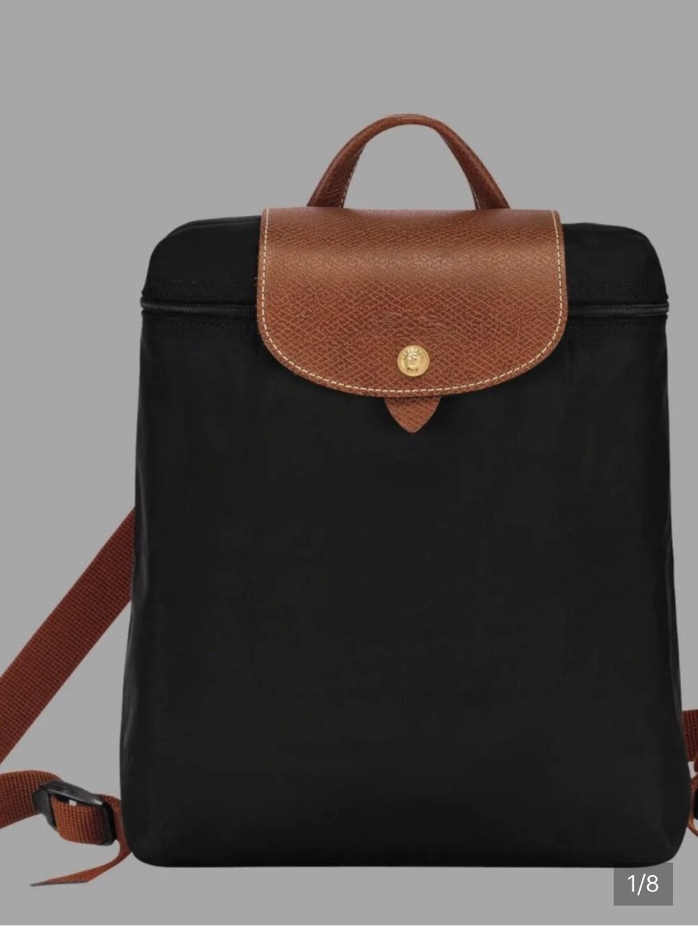 Longchamp Le Pliage Black Nylon Backpack Cognac Leather Small EUC Authentic